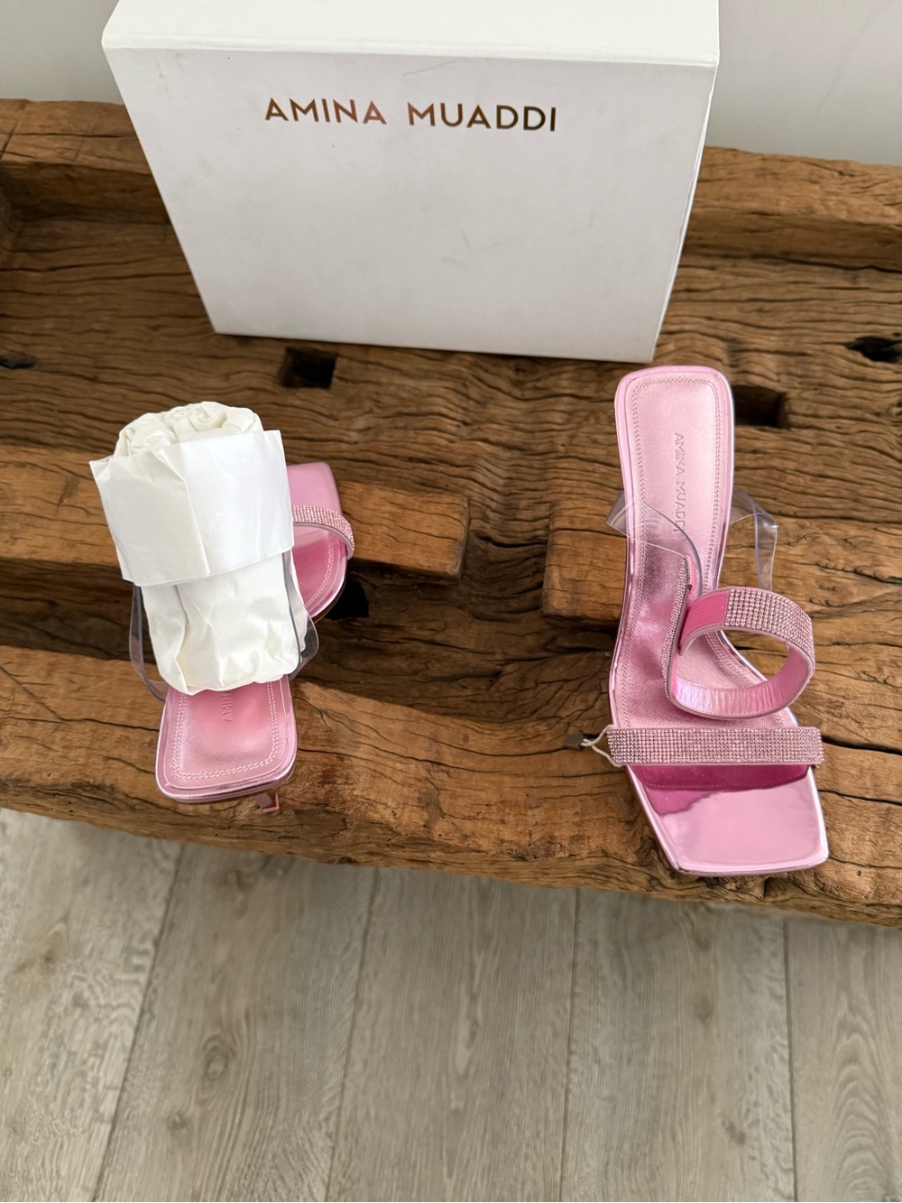 AMINA MUADDI Pink Rhinestone Ankle-Strap High Heel Sandals - Picture 6 of 16
